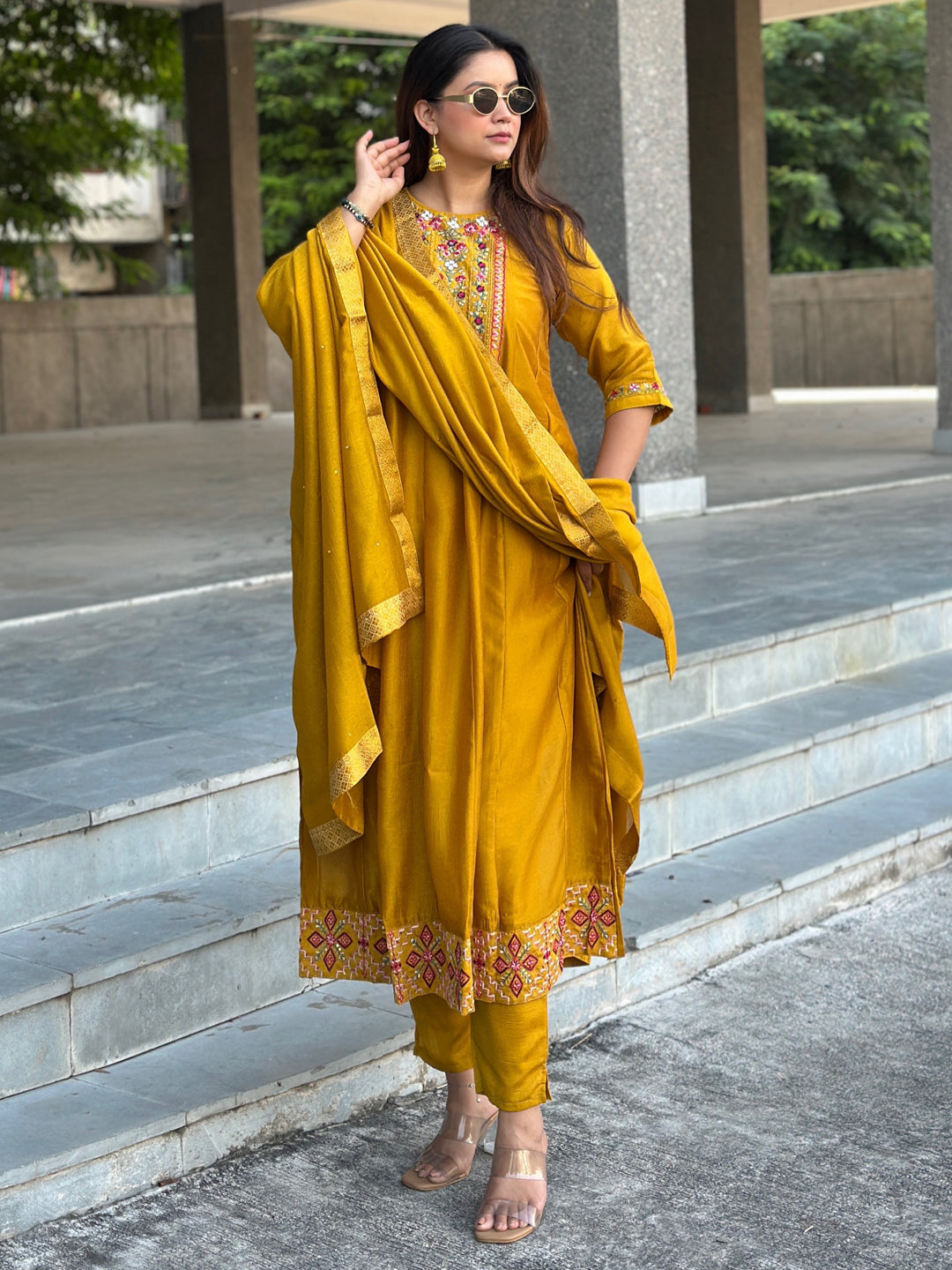 Balan Yellow Embroidered Silk Blend Anarkali Suit Set With Dupatta