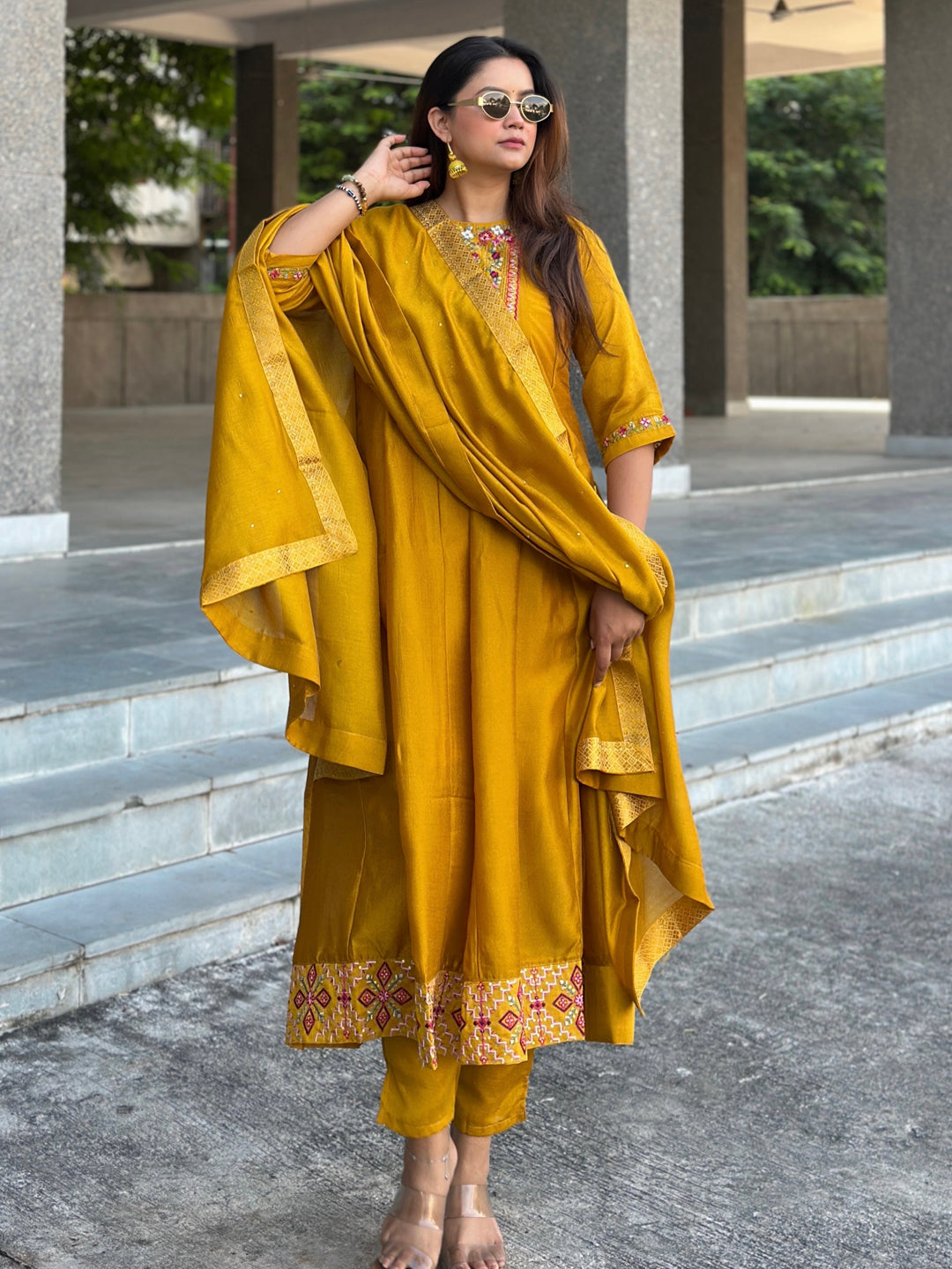 Balan Yellow Embroidered Silk Blend Anarkali Suit Set With Dupatta