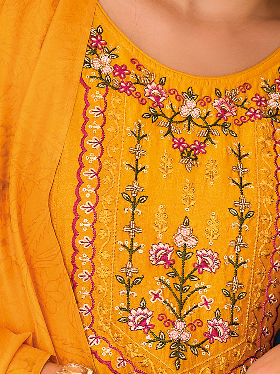 English Garden Yellow Embroidered Anarkali Pant Set
