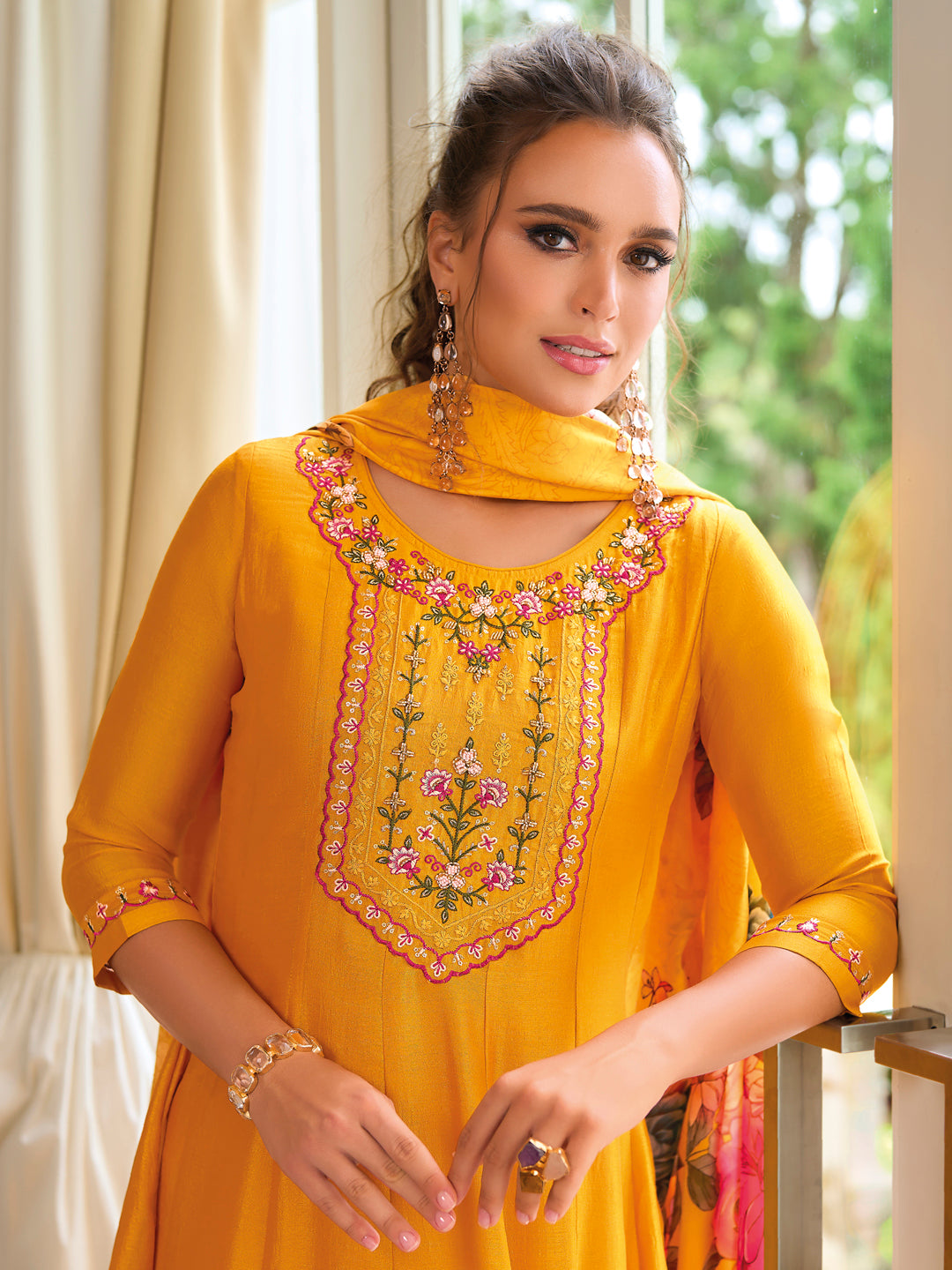 English Garden Yellow Embroidered Anarkali Pant Set