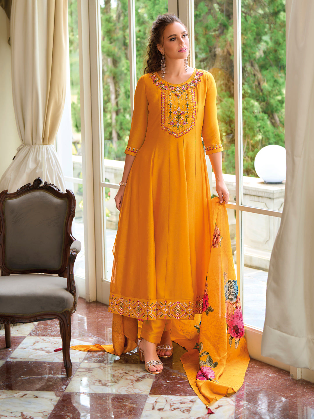 English Garden Yellow Embroidered Anarkali Pant Set