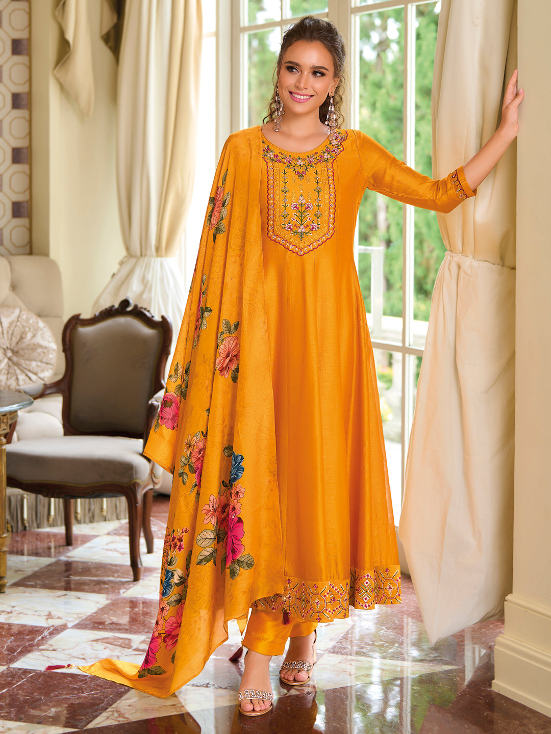 English Garden Yellow Embroidered Anarkali Pant Set