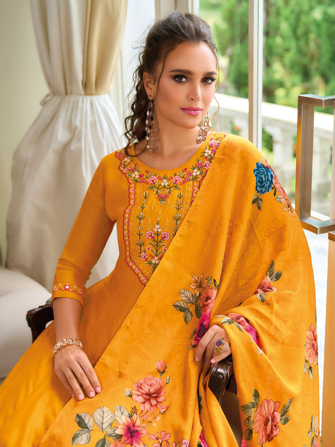 English Garden Yellow Embroidered Anarkali Pant Set