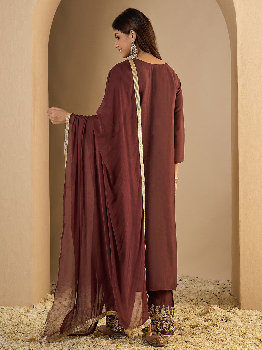 Pinaki Embroidered Silk Blend Calf Length Straight Kurta with Palazzo & Dupatta Set