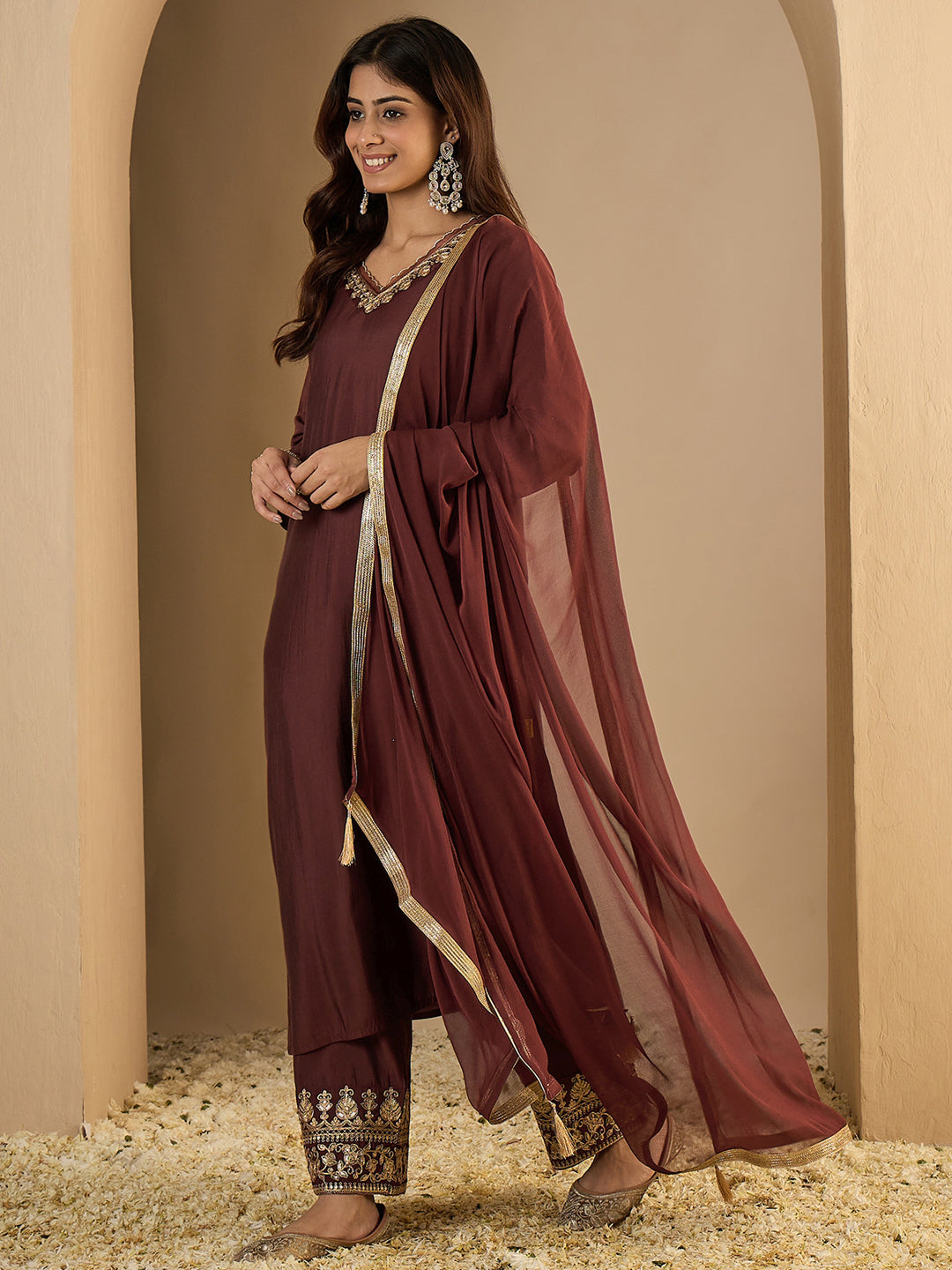 Pinaki Embroidered Silk Blend Calf Length Straight Kurta with Palazzo & Dupatta Set