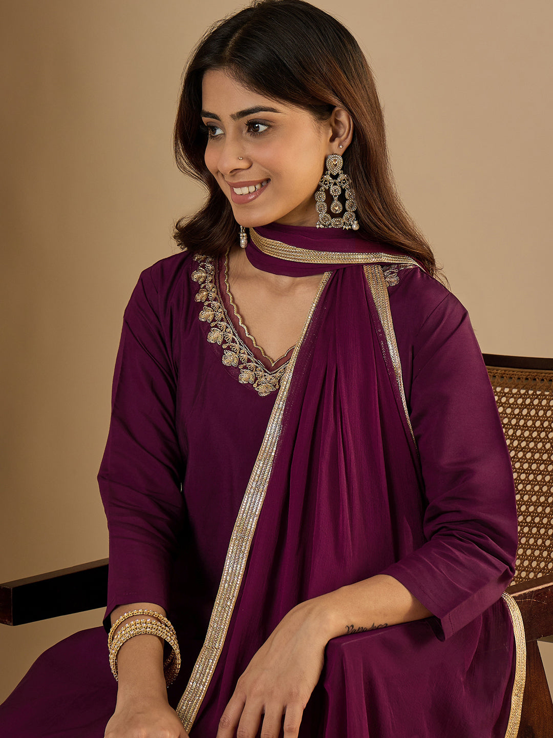 Riya Embroidered Silk Blend Calf Length Straight Kurta with Palazzo & Dupatta Set