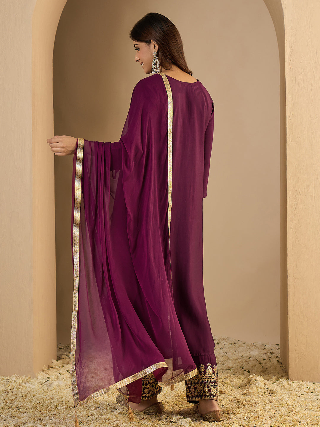 Riya Embroidered Silk Blend Calf Length Straight Kurta with Palazzo & Dupatta Set