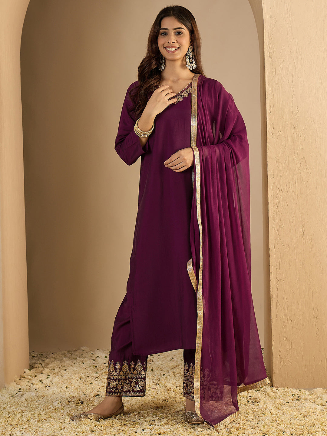 Riya Embroidered Silk Blend Calf Length Straight Kurta with Palazzo & Dupatta Set