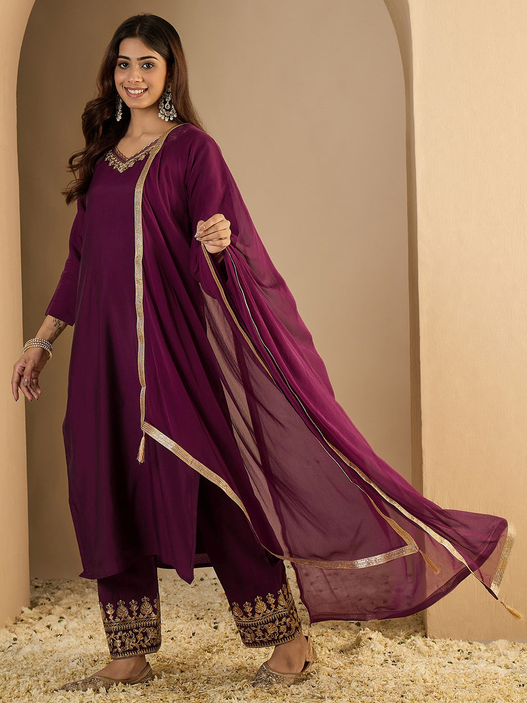 Riya Embroidered Silk Blend Calf Length Straight Kurta with Palazzo & Dupatta Set