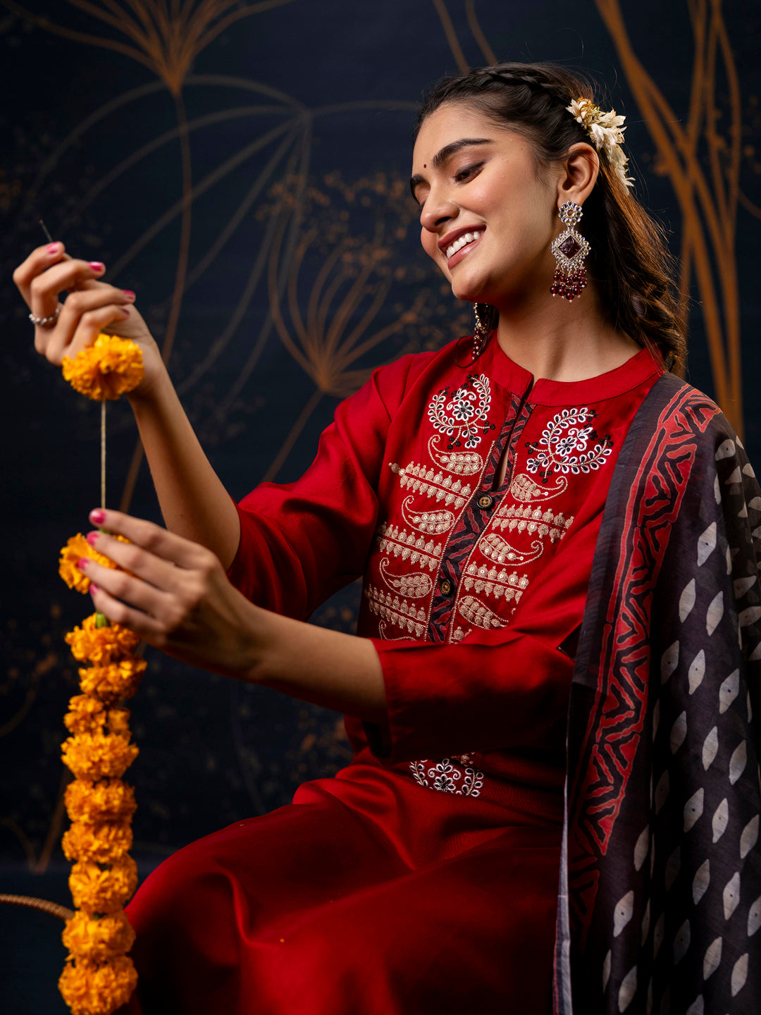 VredeVogel Women's Embroidered Silk Blend Calf Length Straight Kurta Trouser with Dupatta Set