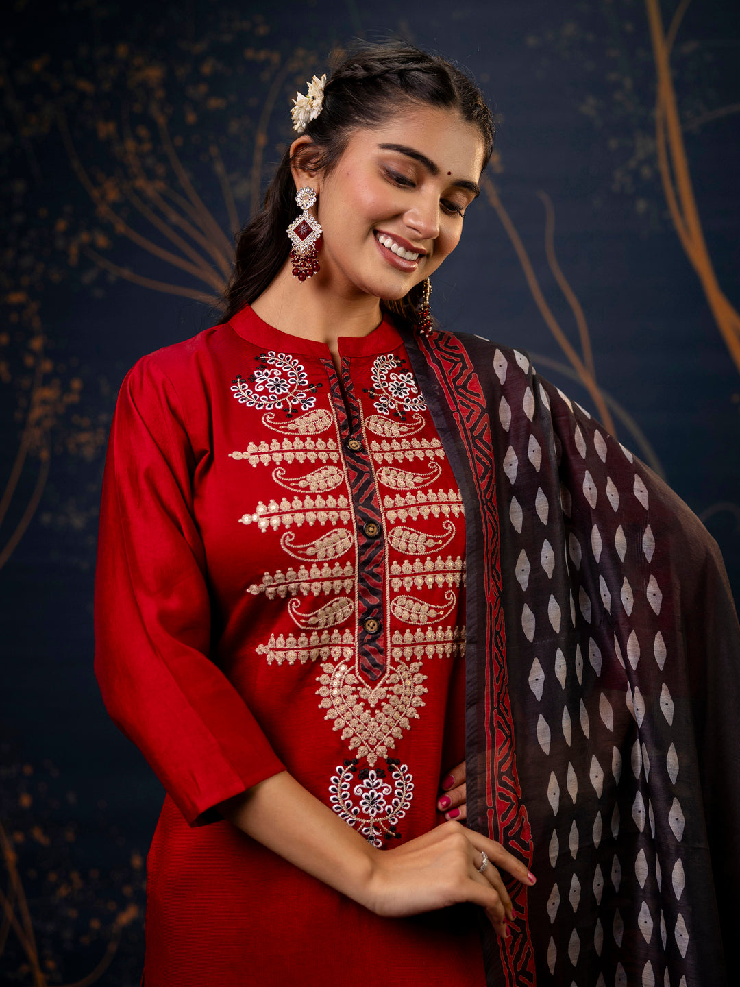 VredeVogel Women's Embroidered Silk Blend Calf Length Straight Kurta Trouser with Dupatta Set