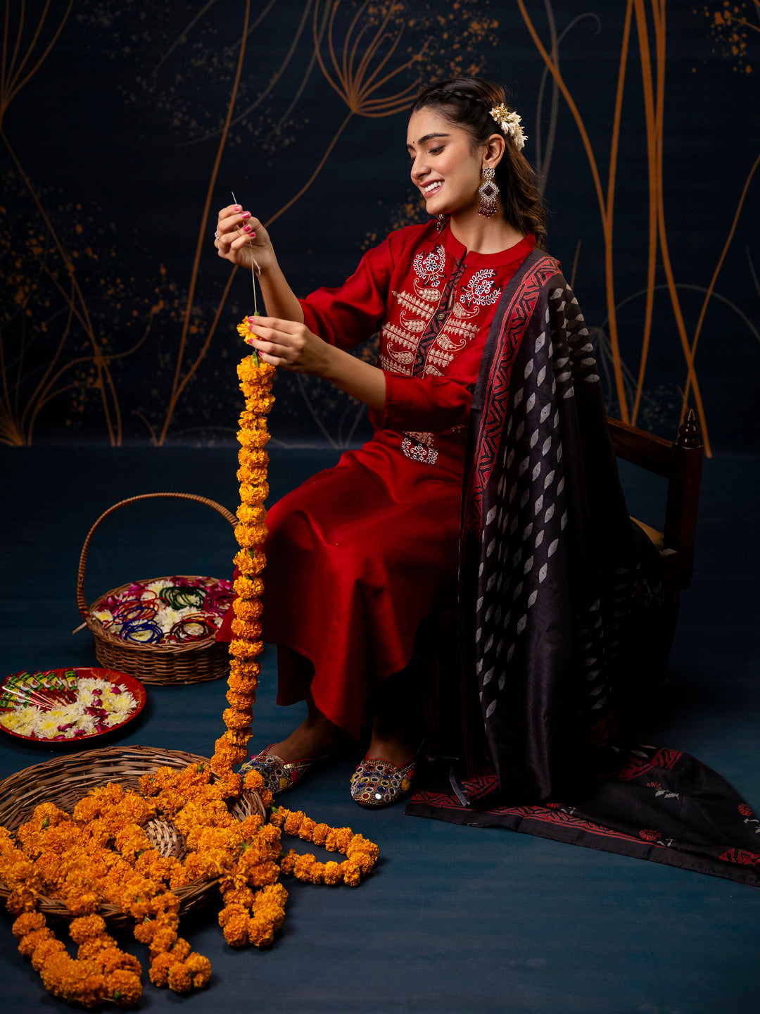 VredeVogel Women's Embroidered Silk Blend Calf Length Straight Kurta Trouser with Dupatta Set