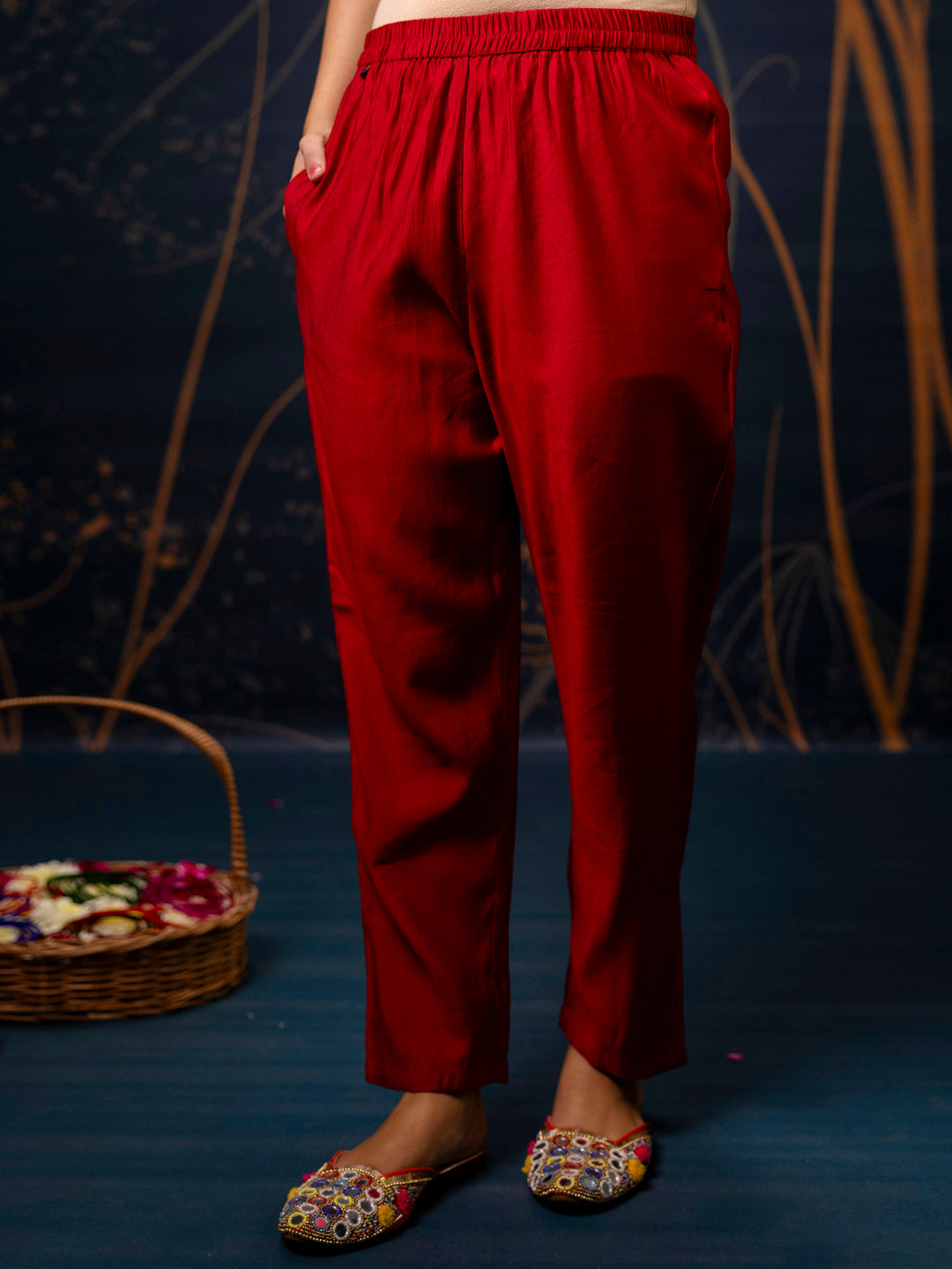 VredeVogel Women's Embroidered Silk Blend Calf Length Straight Kurta Trouser with Dupatta Set