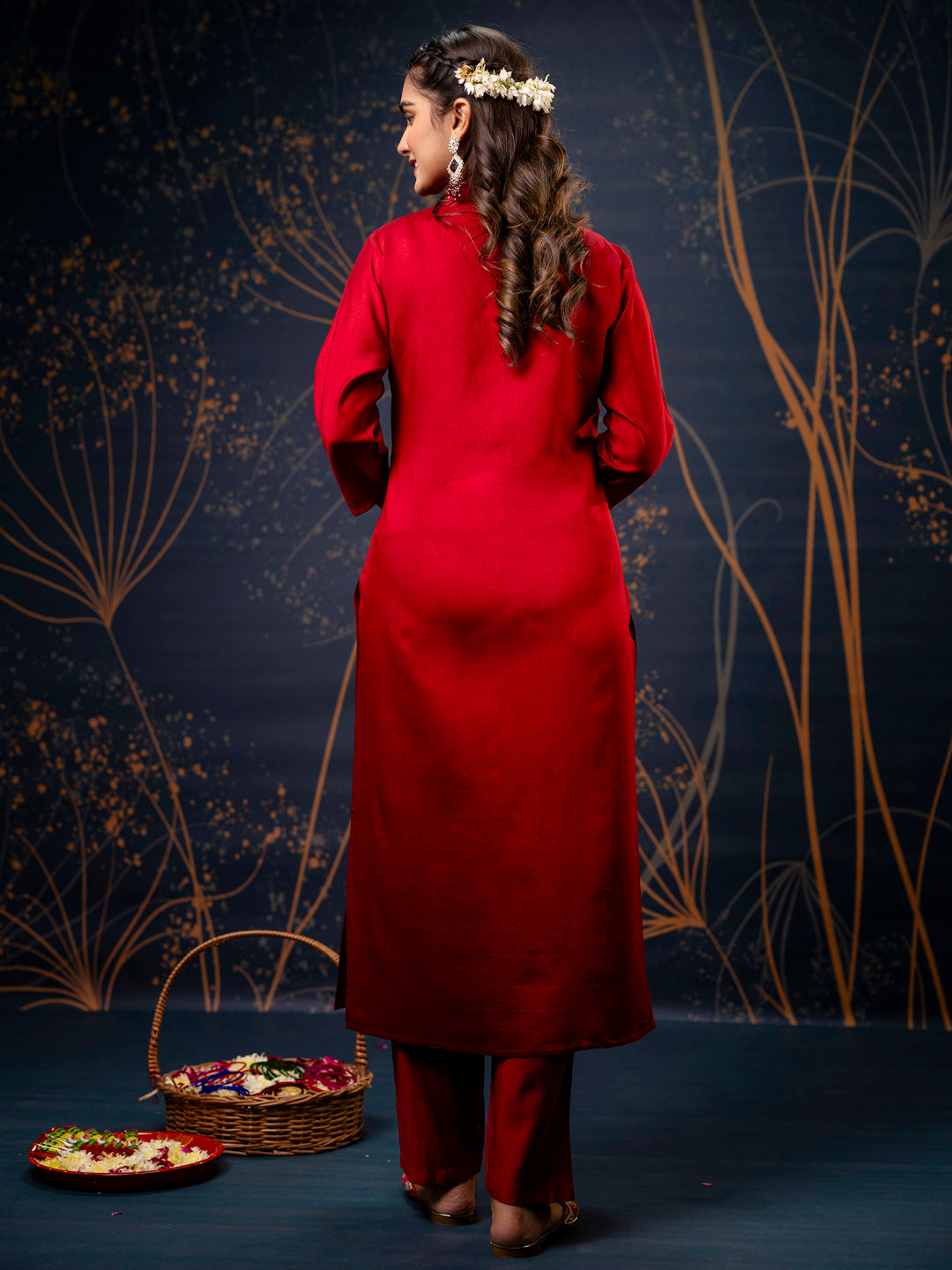 VredeVogel Women's Embroidered Silk Blend Calf Length Straight Kurta Trouser with Dupatta Set