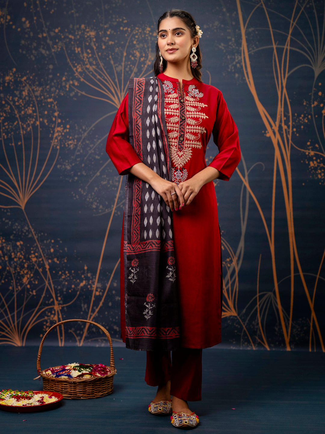 VredeVogel Women's Embroidered Silk Blend Calf Length Straight Kurta Trouser with Dupatta Set