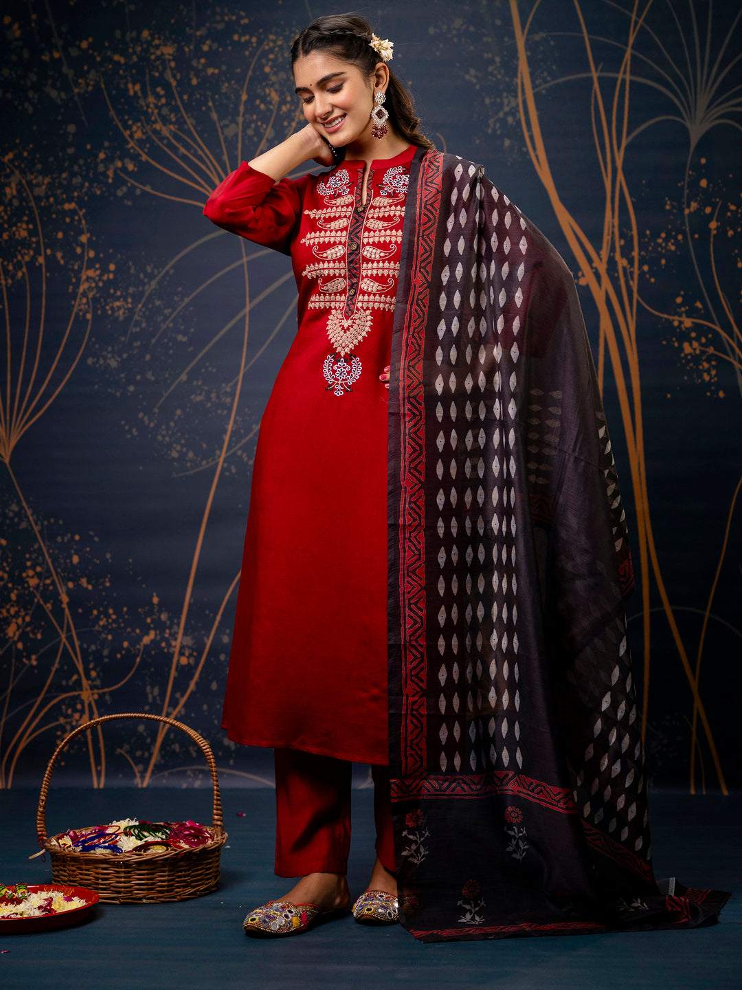 VredeVogel Women's Embroidered Silk Blend Calf Length Straight Kurta Trouser with Dupatta Set