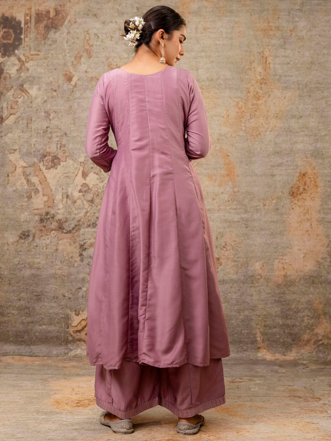 VredeVogel Women's Embroidered Silk Blend Calf Length Flare Kurta with Palazzo & Dupatta Set