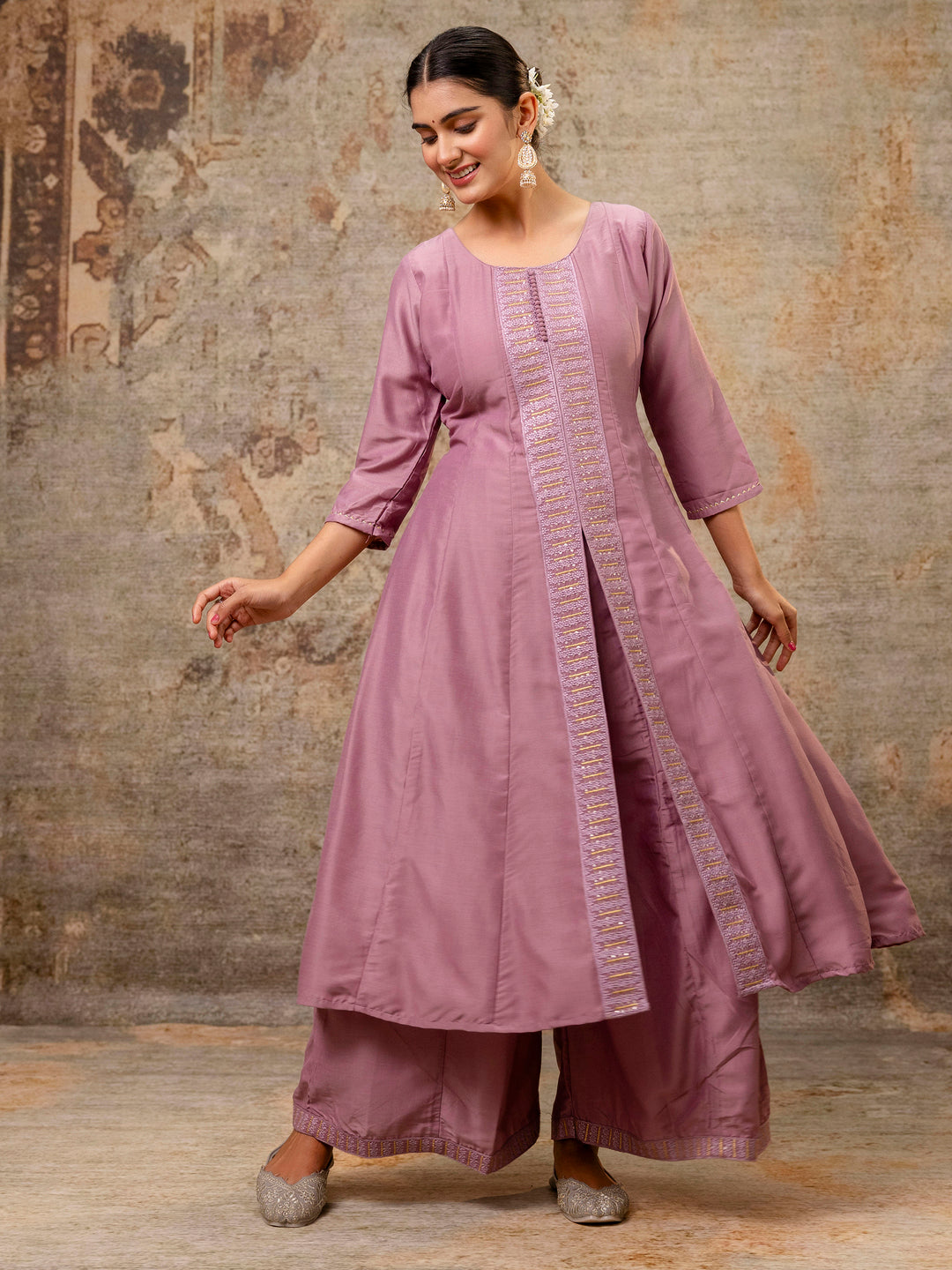 VredeVogel Women's Embroidered Silk Blend Calf Length Flare Kurta with Palazzo & Dupatta Set