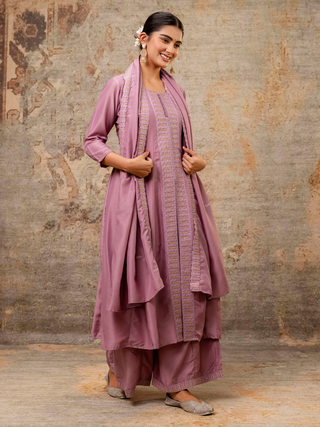 VredeVogel Women's Embroidered Silk Blend Calf Length Flare Kurta with Palazzo & Dupatta Set