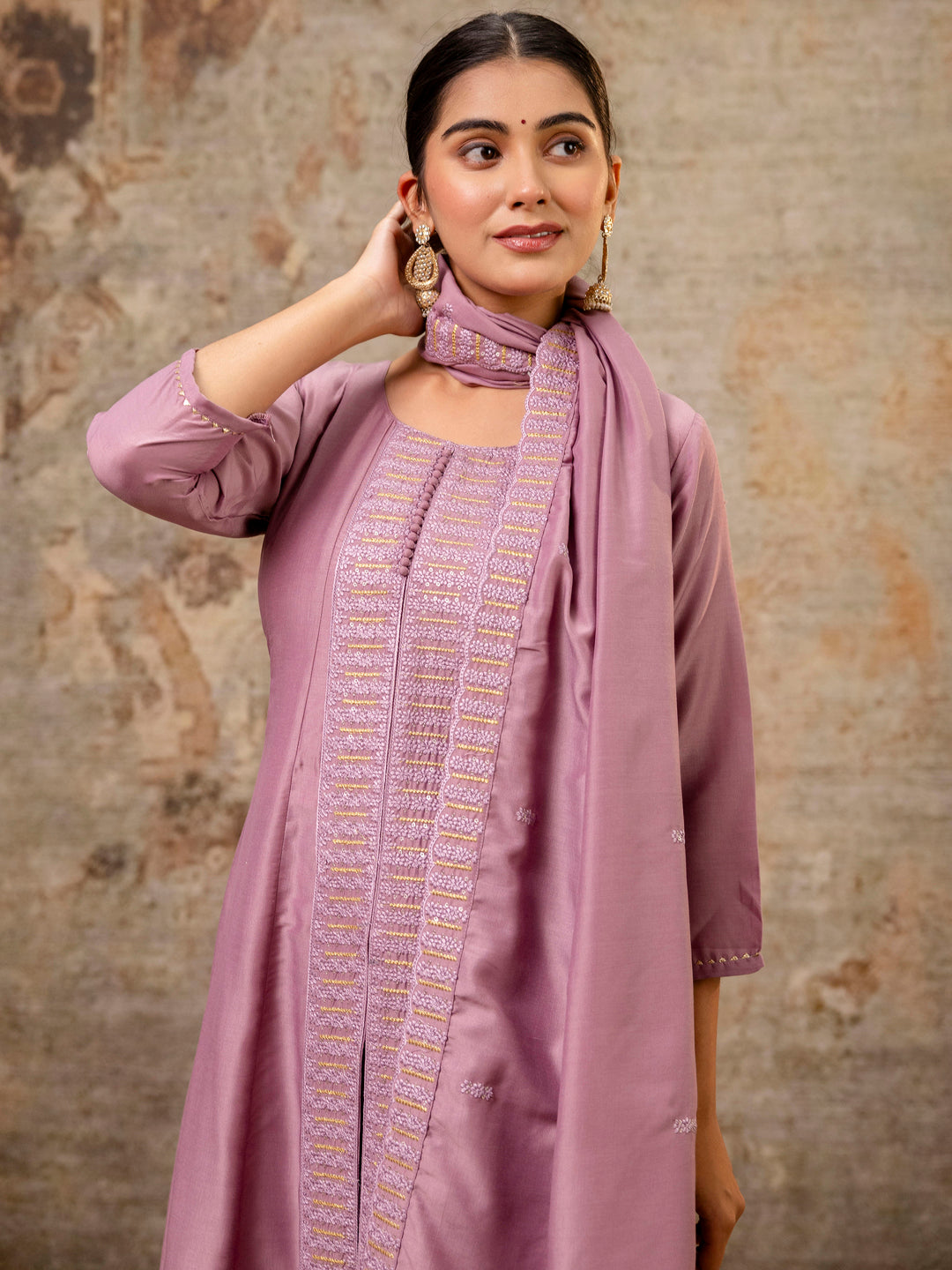VredeVogel Women's Embroidered Silk Blend Calf Length Flare Kurta with Palazzo & Dupatta Set