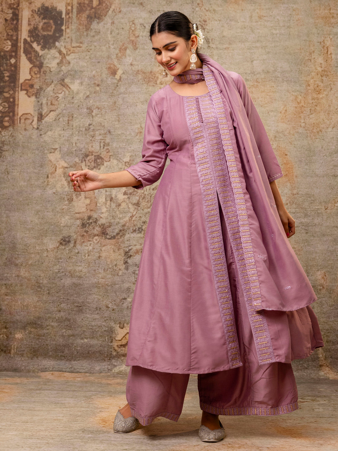 VredeVogel Women's Embroidered Silk Blend Calf Length Flare Kurta with Palazzo & Dupatta Set