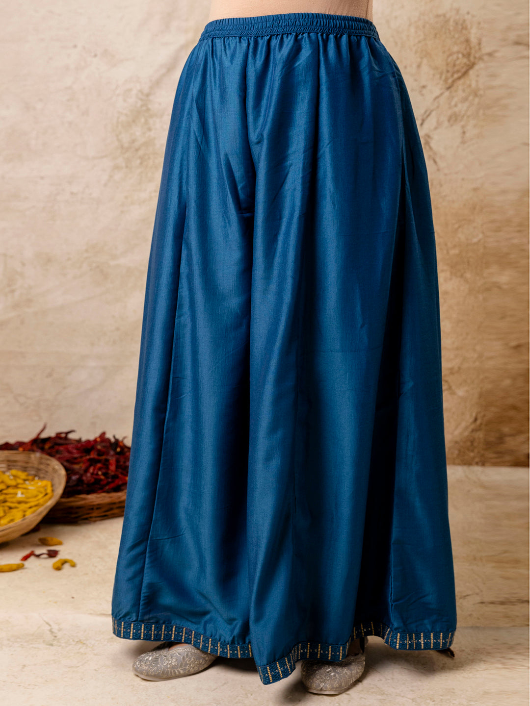 VredeVogel Women's Embroidered Silk Blend Calf Length Flare Kurta with Palazzo & Dupatta Set