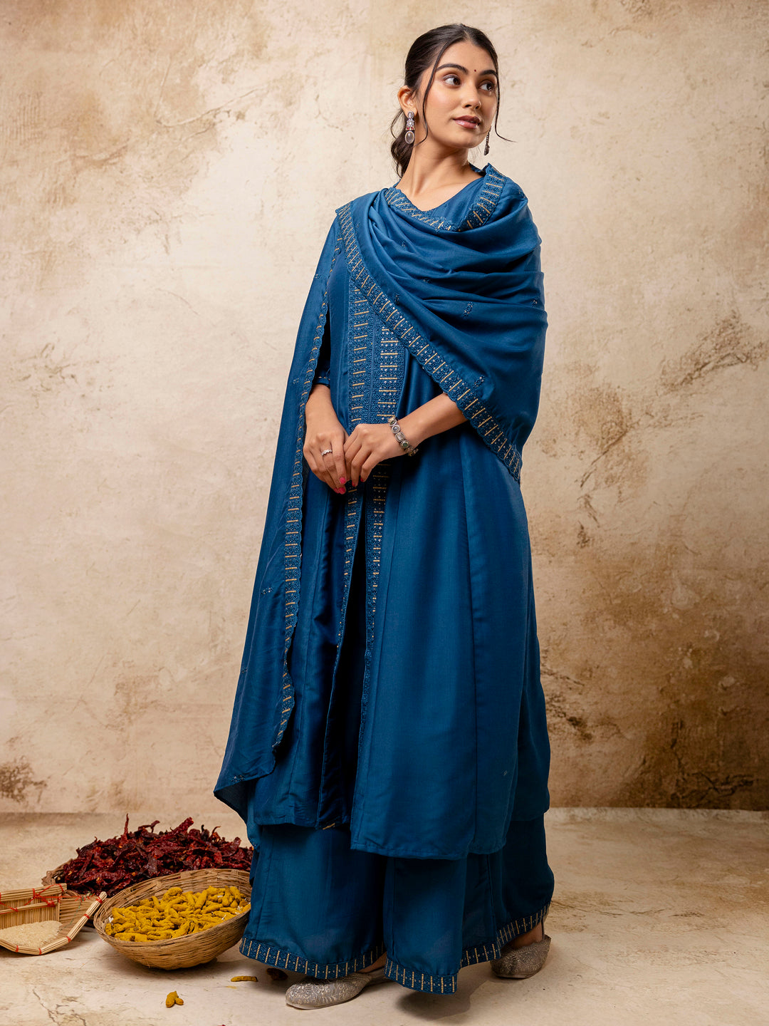 VredeVogel Women's Embroidered Silk Blend Calf Length Flare Kurta with Palazzo & Dupatta Set