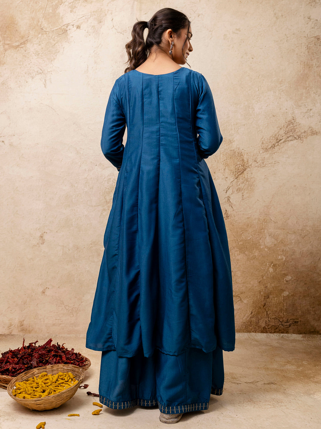 VredeVogel Women's Embroidered Silk Blend Calf Length Flare Kurta with Palazzo & Dupatta Set