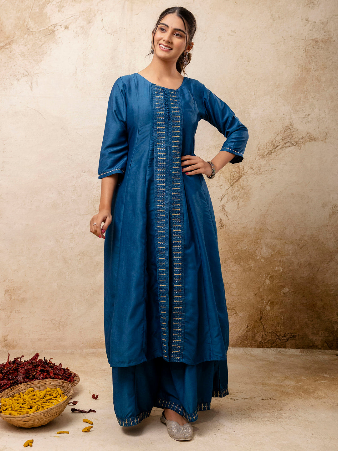 VredeVogel Women's Embroidered Silk Blend Calf Length Flare Kurta with Palazzo & Dupatta Set