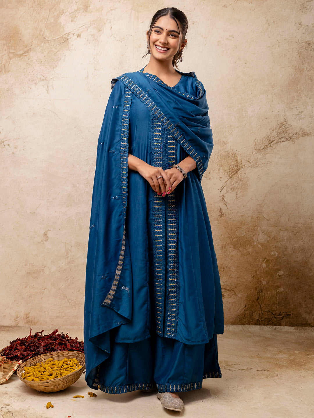 VredeVogel Women's Embroidered Silk Blend Calf Length Flare Kurta with Palazzo & Dupatta Set