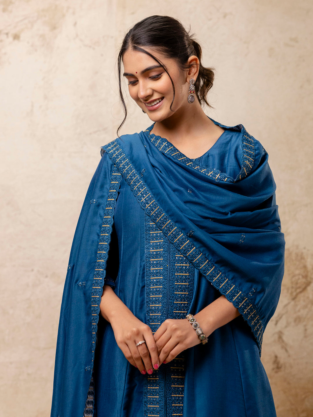 VredeVogel Women's Embroidered Silk Blend Calf Length Flare Kurta with Palazzo & Dupatta Set