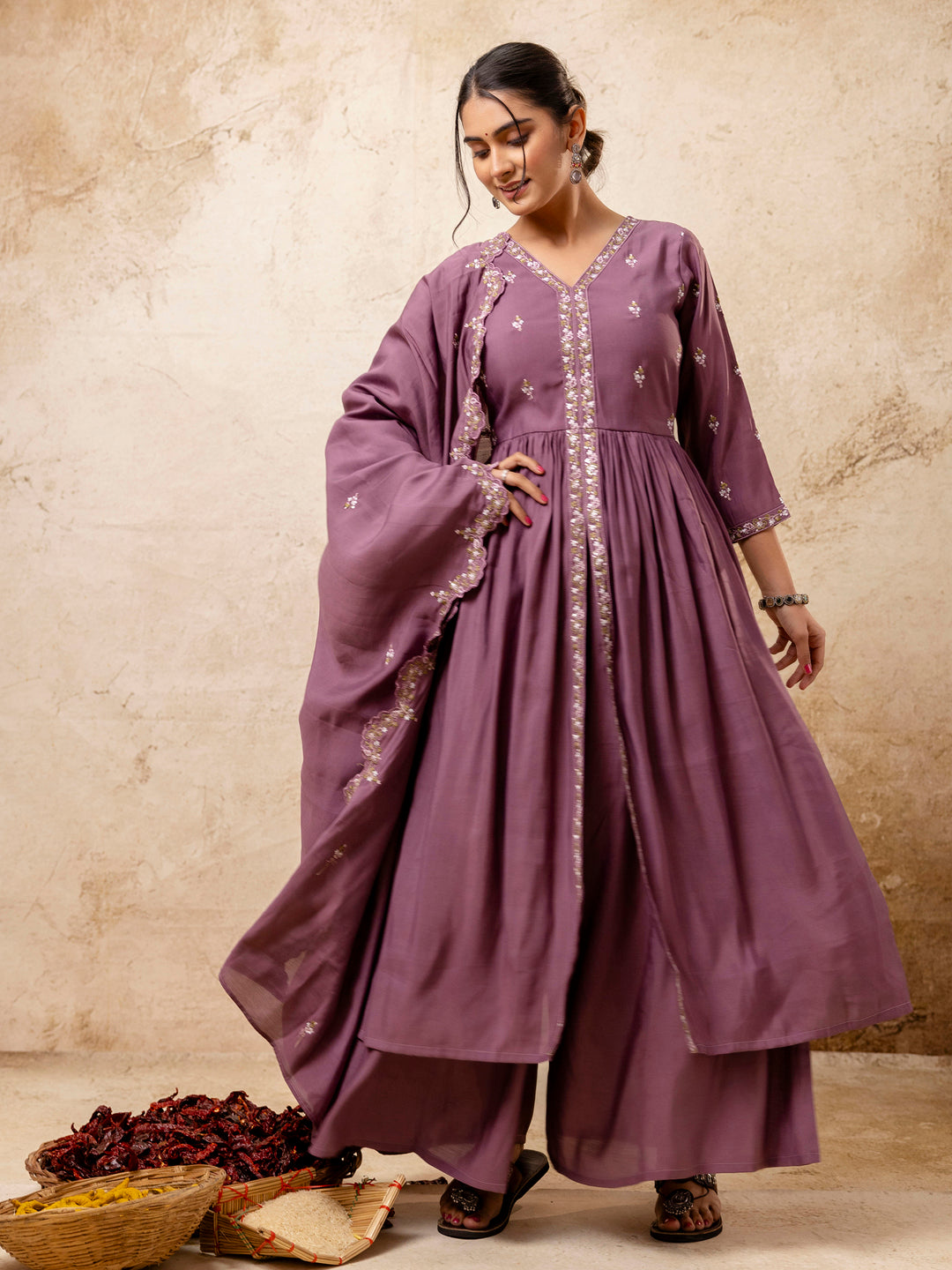 VredeVogel Women's Embroidered Silk Blend Calf Length Flare Kurta with Palazzo & Dupatta Set