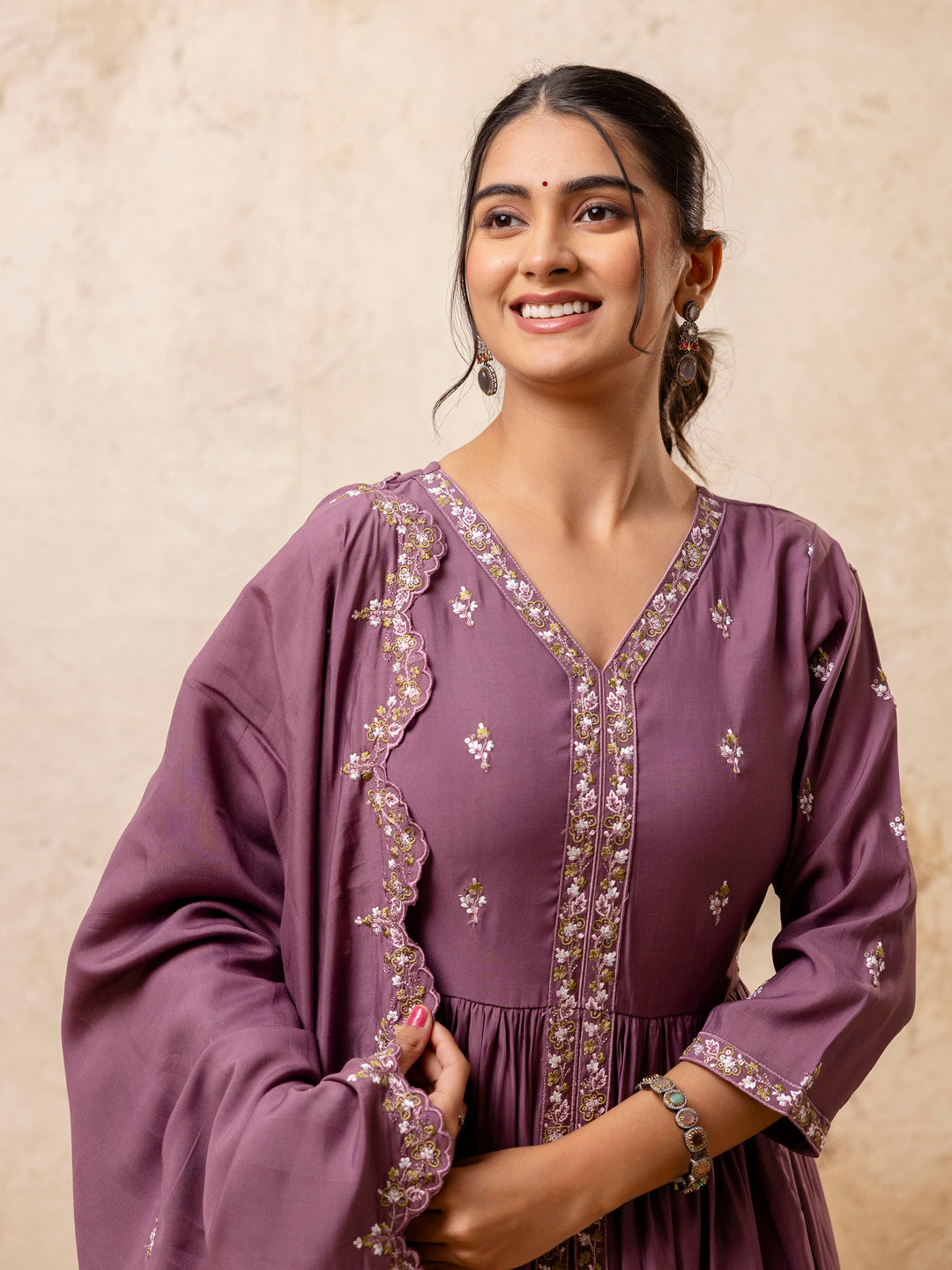 VredeVogel Women's Embroidered Silk Blend Calf Length Flare Kurta with Palazzo & Dupatta Set
