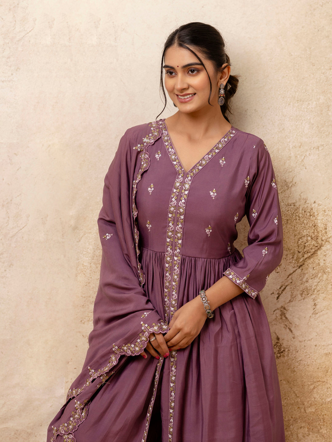 VredeVogel Women's Embroidered Silk Blend Calf Length Flare Kurta with Palazzo & Dupatta Set