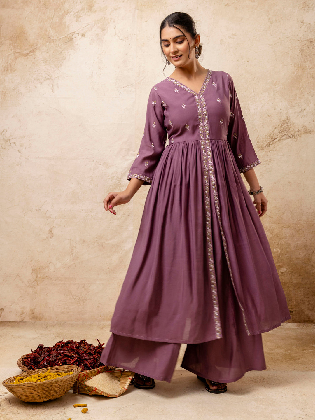 VredeVogel Women's Embroidered Silk Blend Calf Length Flare Kurta with Palazzo & Dupatta Set