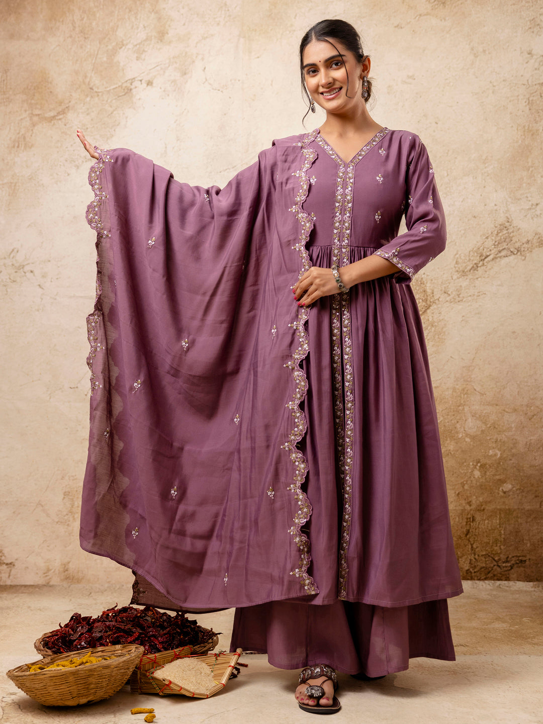 VredeVogel Women's Embroidered Silk Blend Calf Length Flare Kurta with Palazzo & Dupatta Set
