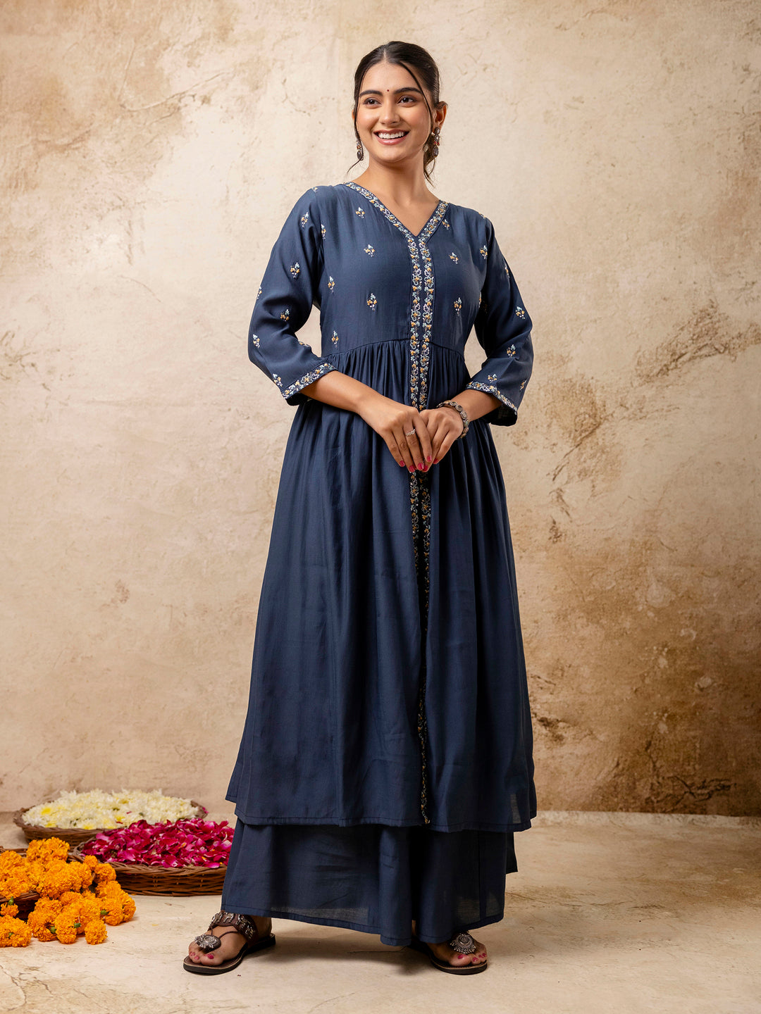 VredeVogel Women's Embroidered Silk Blend Calf Length Flare Kurta with Palazzo & Dupatta Set