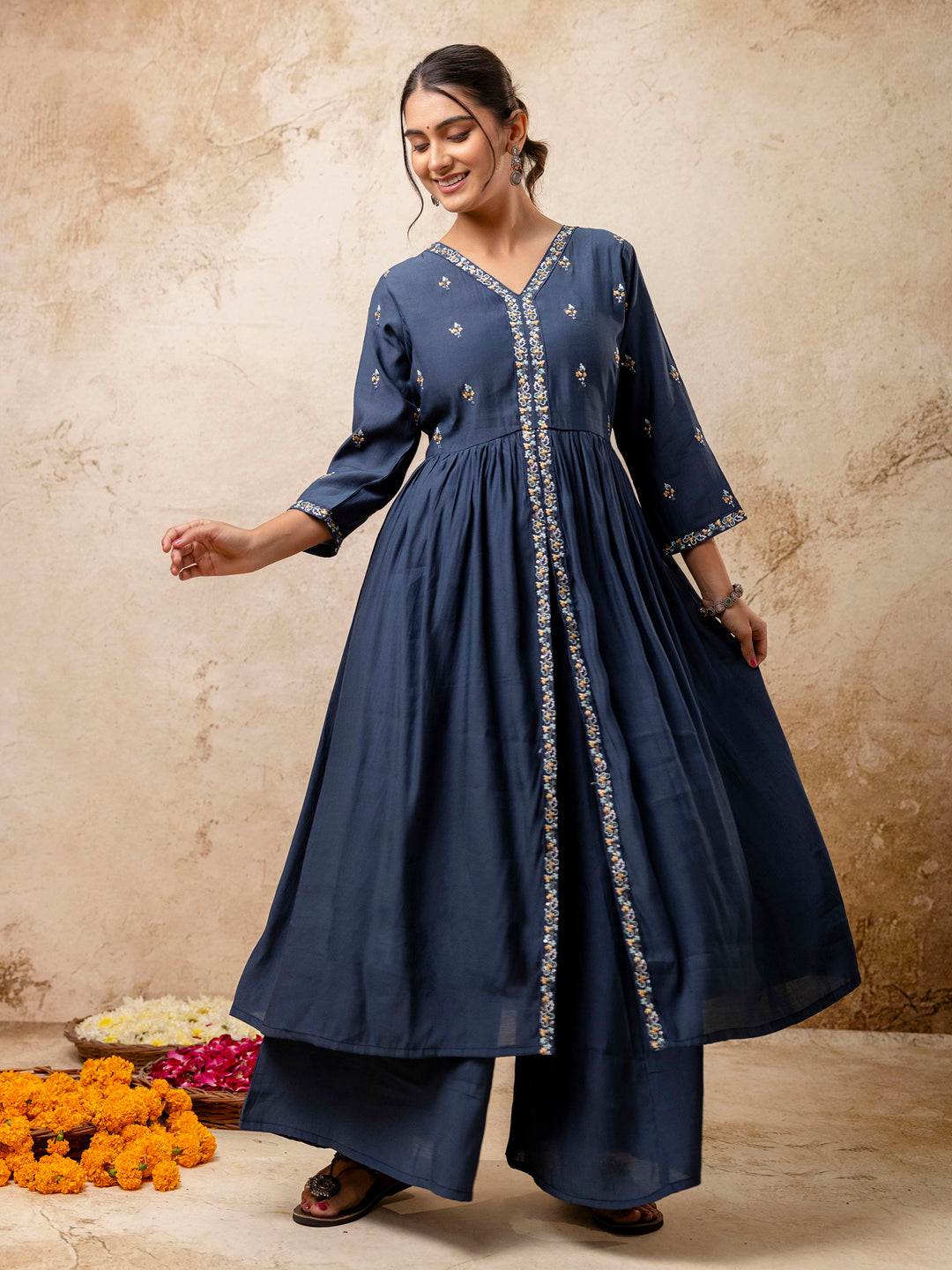 VredeVogel Women's Embroidered Silk Blend Calf Length Flare Kurta with Palazzo & Dupatta Set