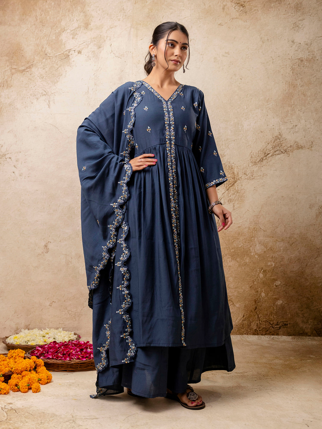 VredeVogel Women's Embroidered Silk Blend Calf Length Flare Kurta with Palazzo & Dupatta Set