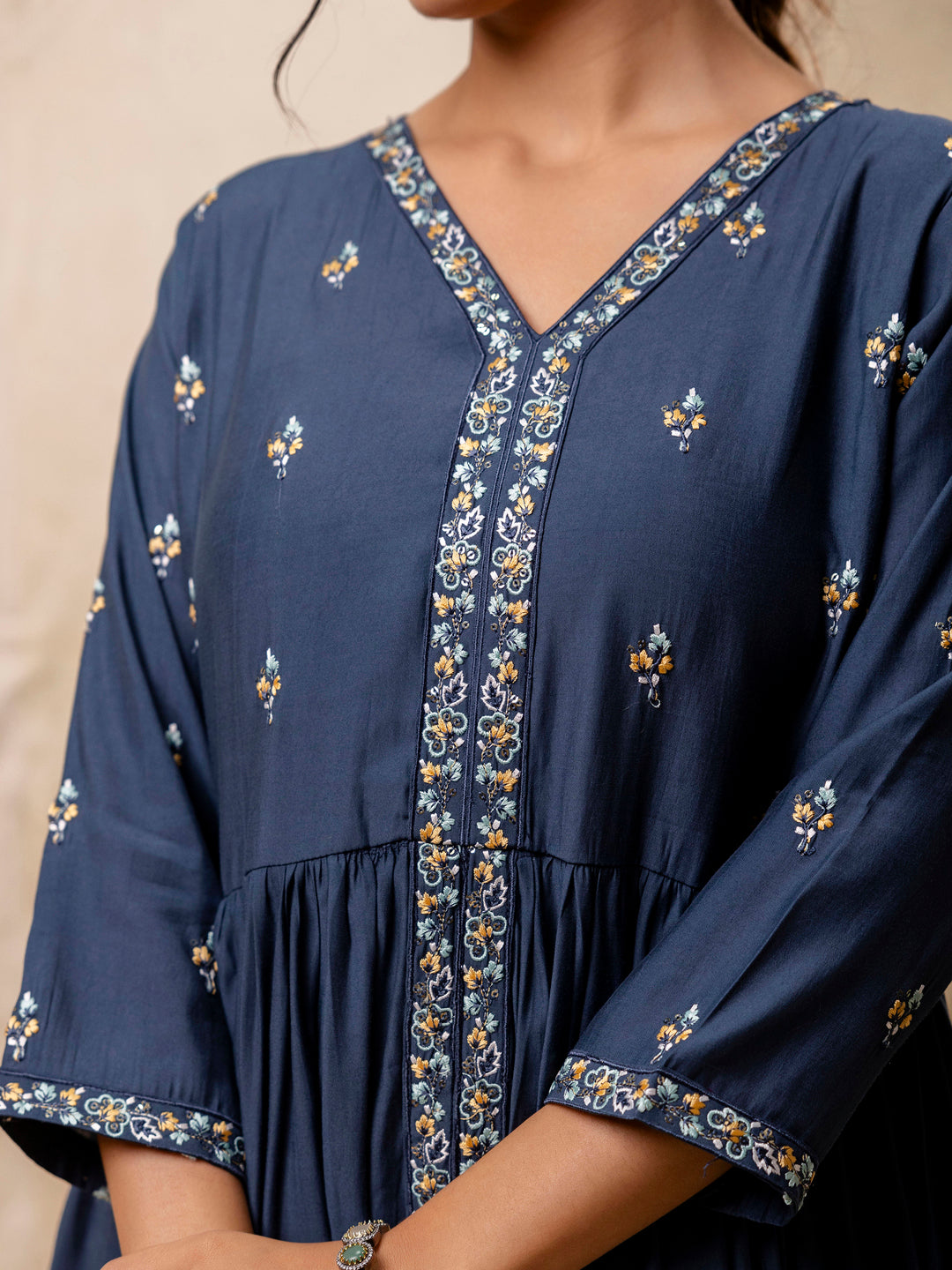 VredeVogel Women's Embroidered Silk Blend Calf Length Flare Kurta with Palazzo & Dupatta Set