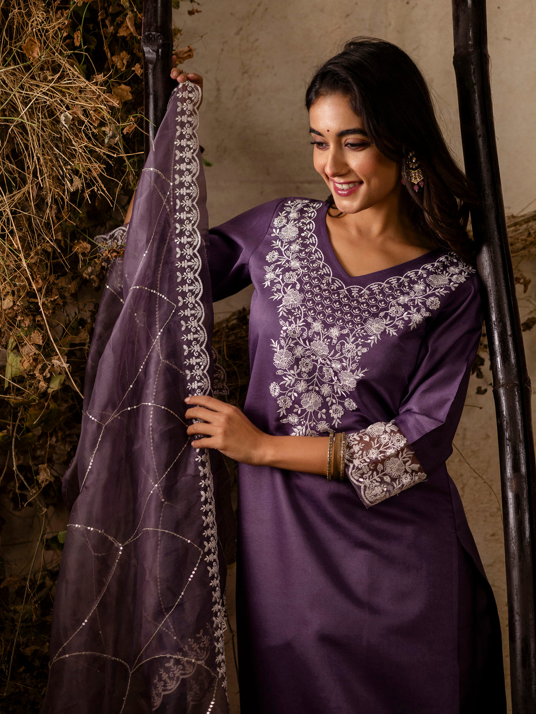 VredeVogel Women's Embroidered Silk Blend Calf Length Straight Kurta Trouser with Dupatta Set