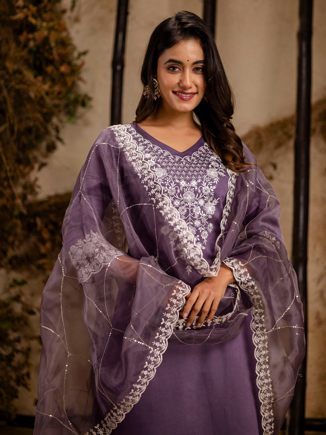 VredeVogel Women's Embroidered Silk Blend Calf Length Straight Kurta Trouser with Dupatta Set