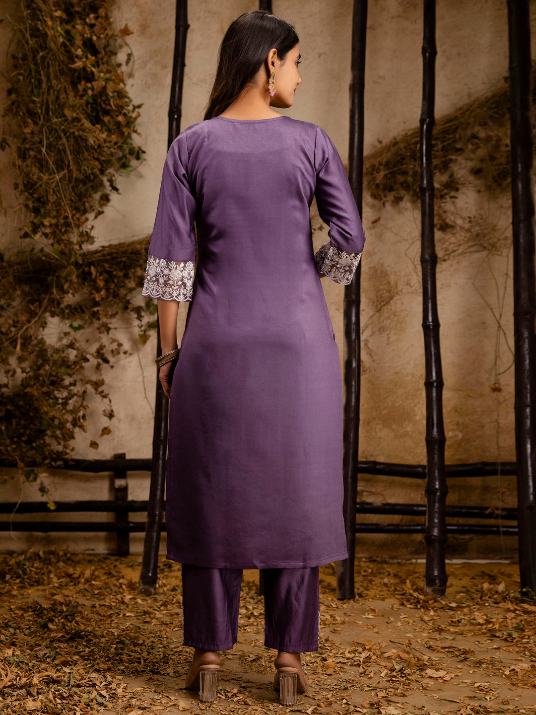 VredeVogel Women's Embroidered Silk Blend Calf Length Straight Kurta Trouser with Dupatta Set
