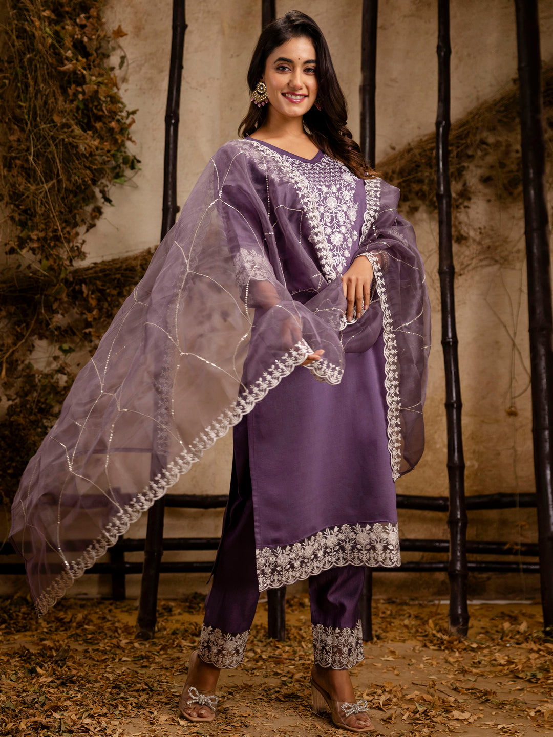 VredeVogel Women's Embroidered Silk Blend Calf Length Straight Kurta Trouser with Dupatta Set