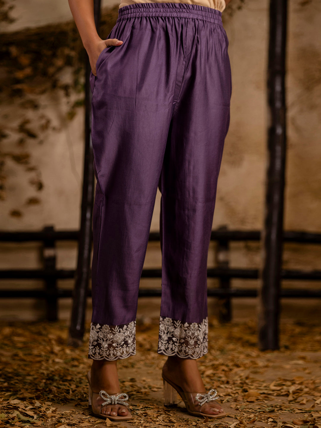 VredeVogel Women's Embroidered Silk Blend Calf Length Straight Kurta Trouser with Dupatta Set