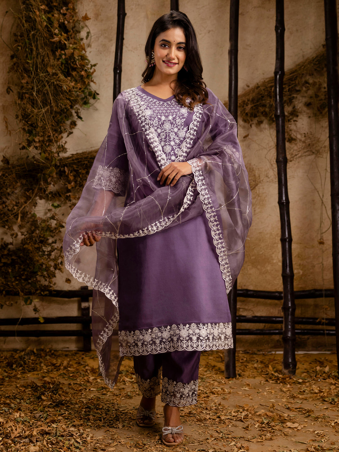 VredeVogel Women's Embroidered Silk Blend Calf Length Straight Kurta Trouser with Dupatta Set
