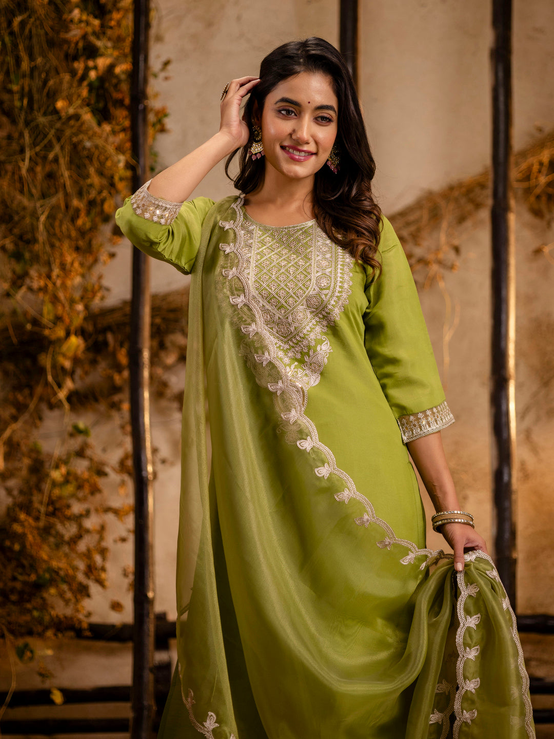 VredeVogel Women's Embroidered Silk Blend Calf Length Straight Kurta Trouser with Dupatta Set