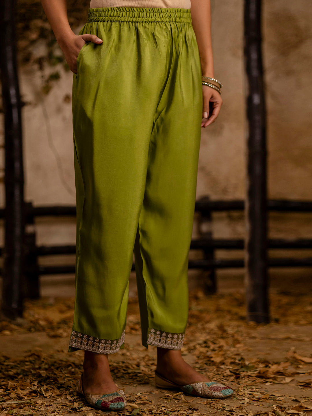 VredeVogel Women's Embroidered Silk Blend Calf Length Straight Kurta Trouser with Dupatta Set
