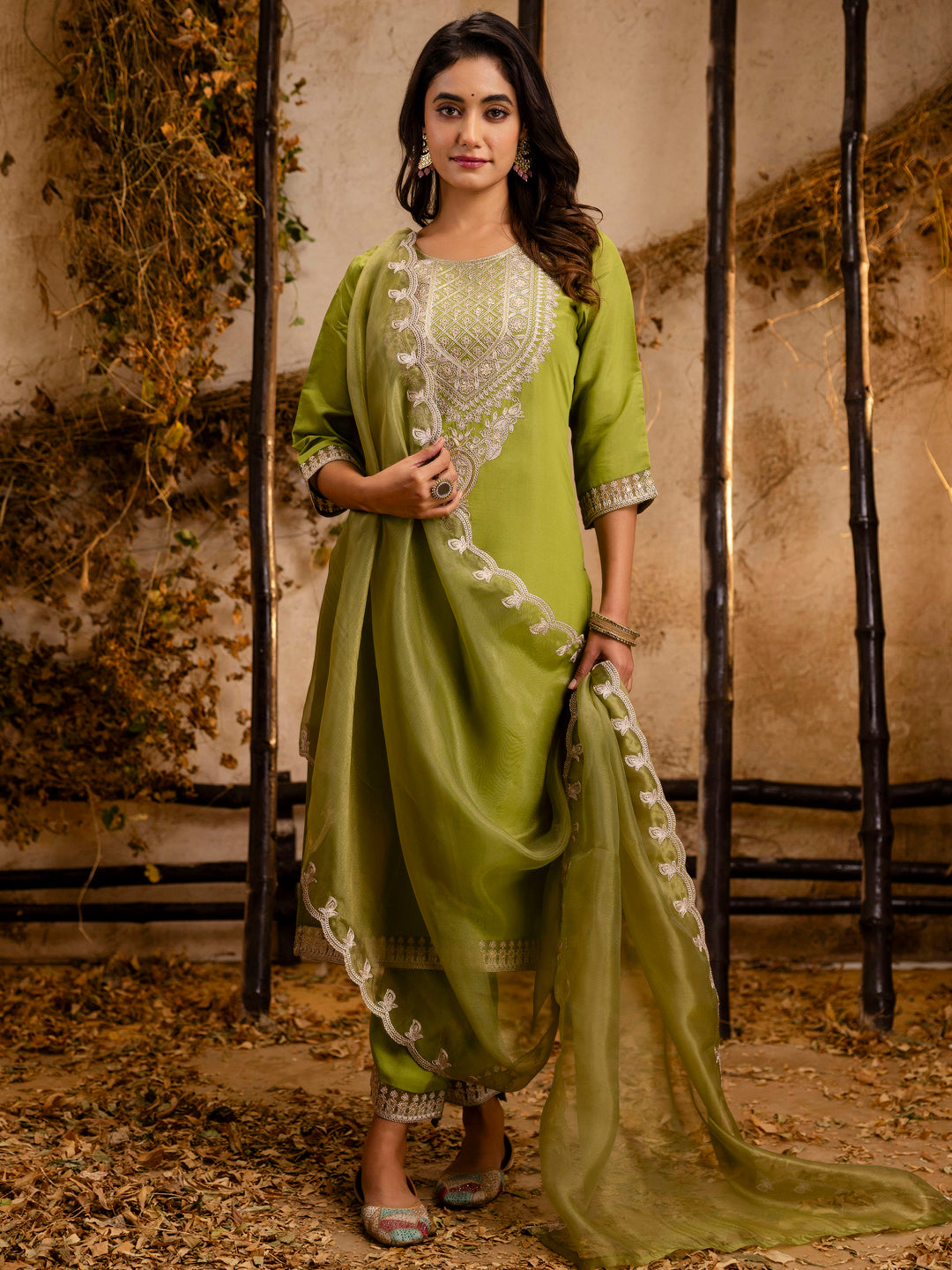 VredeVogel Women's Embroidered Silk Blend Calf Length Straight Kurta Trouser with Dupatta Set