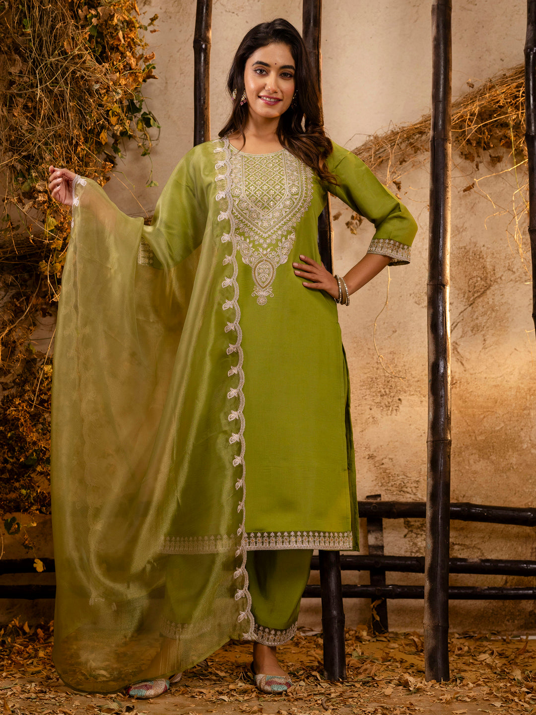 VredeVogel Women's Embroidered Silk Blend Calf Length Straight Kurta Trouser with Dupatta Set